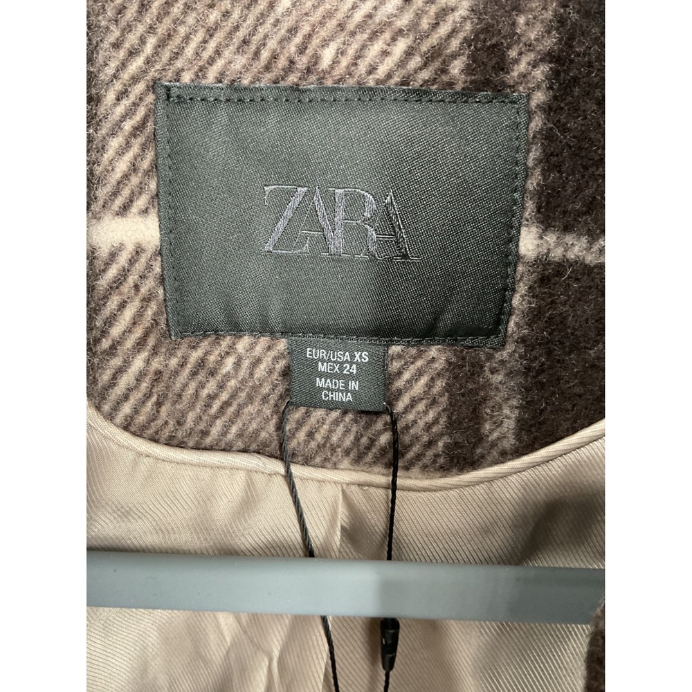 Zara Womens Overcoat Plaid Wool Blend Double Breasted Longline Brown XS - Picture 6 of 6
